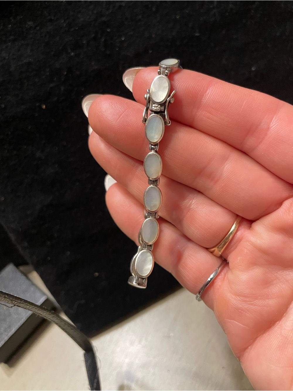 Vintage Silver Bracelet with Oval White Opalescent Stones safety side clasp
